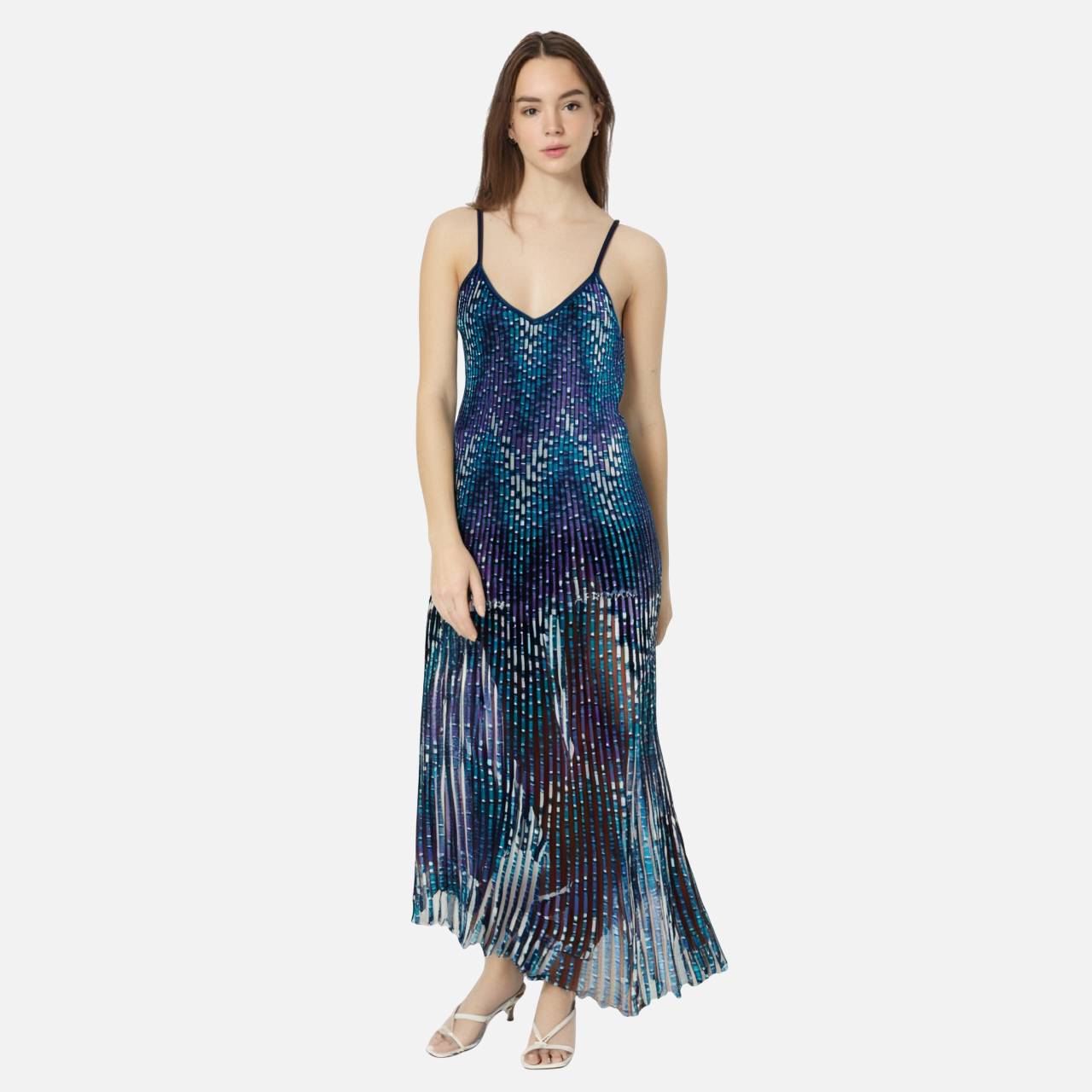 Retro temperament commuting color striped patchwork camisole pleated skirt long skirt fishtail dress