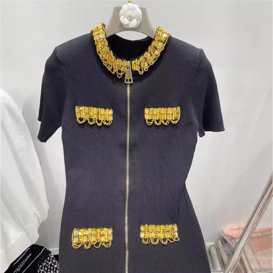 Golden nail bead sequin chain short sleeved dress for women with slim fit and goddess style