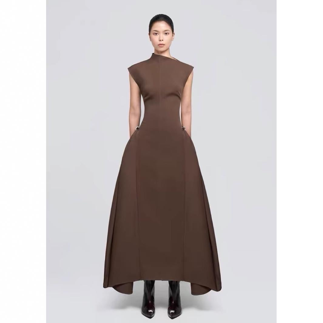 Solid Color Sleeveless A-Line Maxi Dress for Women, High Waist, Elegan