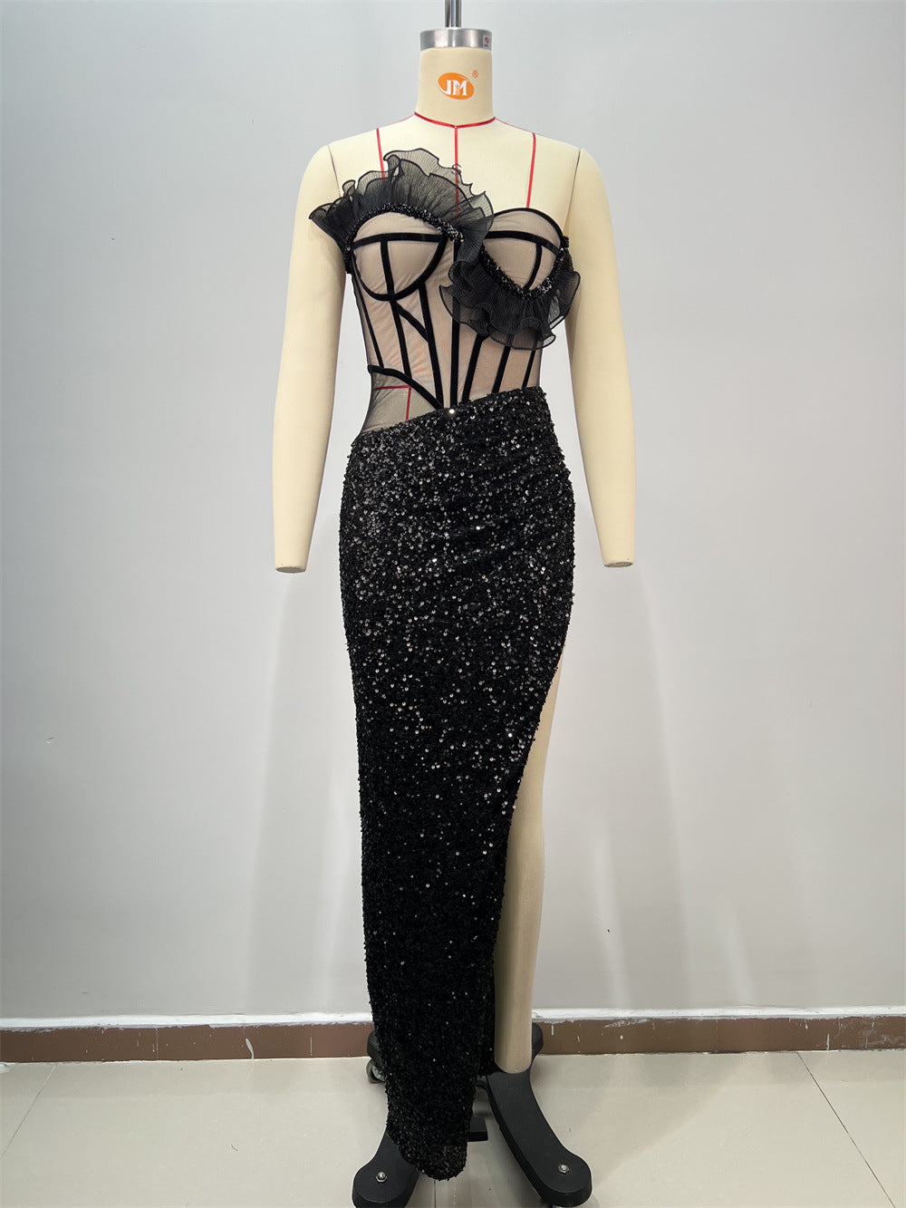 Women's Strapless Low Neck Sequined Pleated Hem Sleeveless High Slit Black Red Carpet Evening Fish Tail Dress